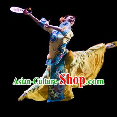 Stage Performance Chinese Classical Fan Dance Costumes and Headwear for Women