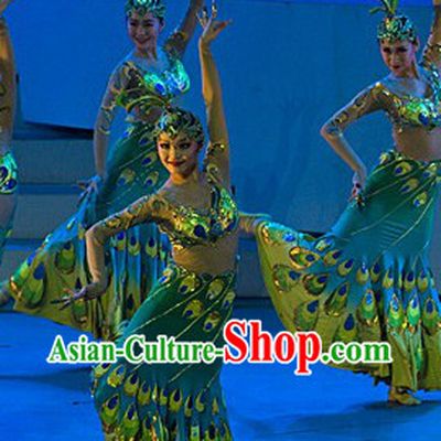 Stage Performance Peacock Dai Princess Ethnic Dancing Costumes and Headwear Complete Set for Women