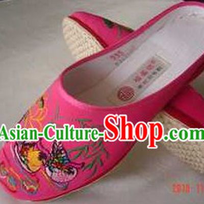 Traditional Chinese Handmade Pink Cotton Slippers with Thick Cotton Sole