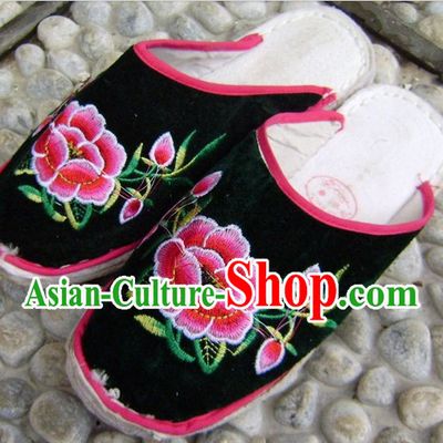 Traditional Chinese Handmade Black Cotton Slippers with Thick Cotton Sole