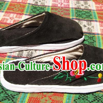 Traditional Chinese Handmade Black Embroidered Cotton Slippers with Thick Cotton Sole
