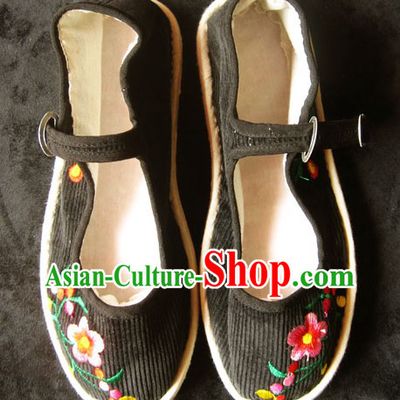 All Handmade Chinese Black Embroidered Flower Shoes for Women