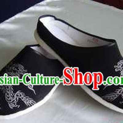 Traditional Chinese Handmade Black Cotton Slippers with Thick Cotton Sole