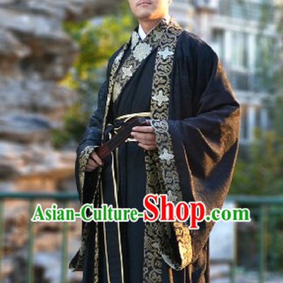 Black Traditional Chinese Outer Robe and Inner Suit and Hat Complete Set for Men