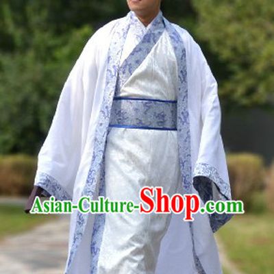 Blue Traditional Ancient Chinese Hanfu Clothing and Hat Complete Set for Men