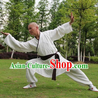 White Traditional Ancient Style Chinese Kung Fu Cotton Uniform for Men
