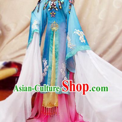 Ancient Chinese Blue Beauty Embroidered Flower Costumes Complete Set for Women