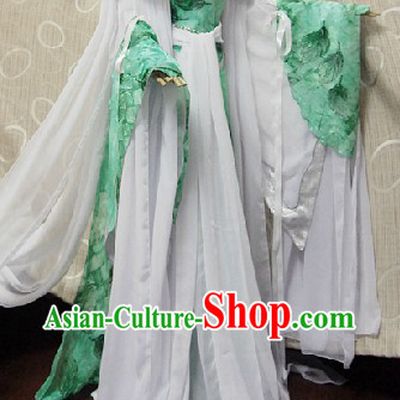 Ancient Chinese Green and White Fairy Costumes Complete Set for Women