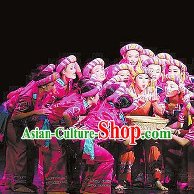 Chinese Ethnic Stage Performance Dancing Costumes and Hat for Womn