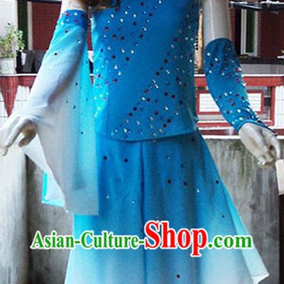 Traditional Chinese Blue Fan Dance Costumes for Women