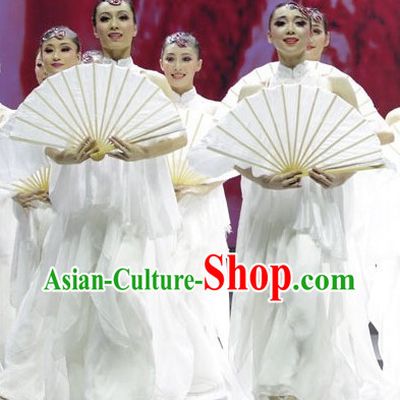 Pure White Long Stage Performance Dance Fan