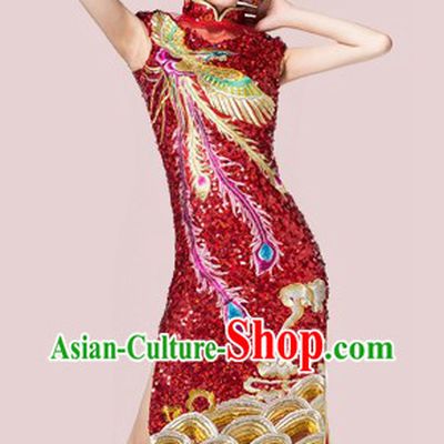 Short Custom-made Traditional Chinese Red Wedding Phoenix Cheongsam