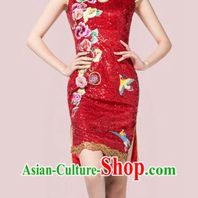 Short Custom-made Traditional Chinese Red Wedding Phoenix Qipao
