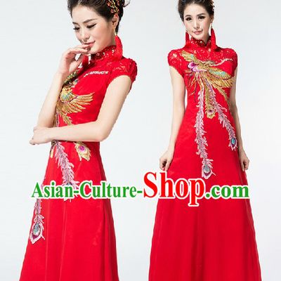Red Long Chinese Wedding Cheongsam with Phoenix Embroidery