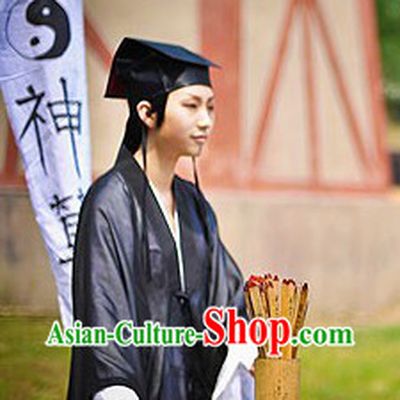 Black Ancient Chinese Fortuneteller Costumes and Hat Complete Set for Men
