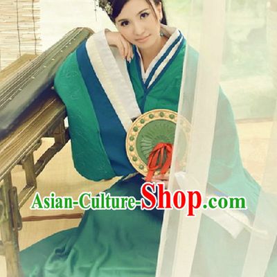 Ancient Chinese Pretty Girl Green Costumes and Accessories Complete Set