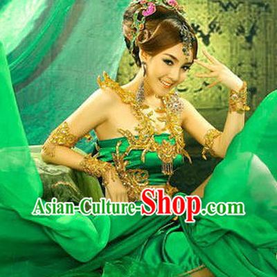 Ancient Chinese Green Yang Yuhuan Costumes and Headdress Complete Set