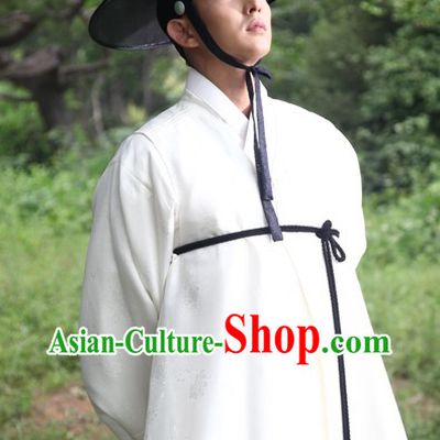 Pure White Ancient Korean Drama Plays Hanbok Costume Complete Set for Men