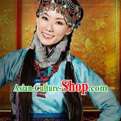 Light Blue Mongolian Princess Clothing and Headwear Complete Set