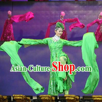 Traditional Chinese Adult Long Sleeve Dance Dress and Headwear Complete Set