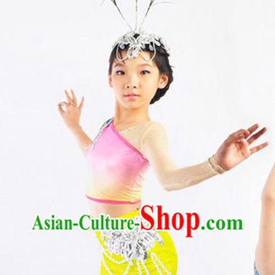 China Tai Ethnic Group Dance Costumes and Headwear Complete Set for Children