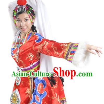 Chinese Tibetan Dance Costumes and Headdress Complete Set for Women
