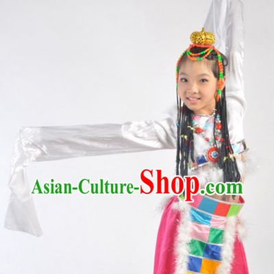 Chinese Tibetan Festival Celebration Dance Costumes and Headdress Complete Set for Kids