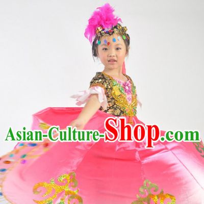 Chinese Xinjiang Festival Celebration Dance Costumes and Headdress Complete Set for Kids