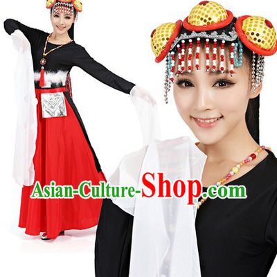 Black Tibetan Costumes and Headwear Complete Set for Women