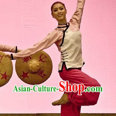 Mandarin Stage Performance Farmer Clothes and Bamboo Hat for Women