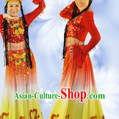 Traditional Chinese Xinjiang Dance Uniform and Hat Complete Set for Women