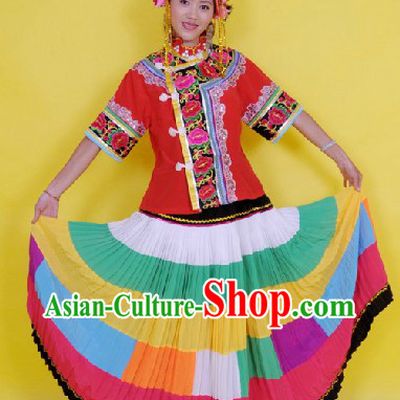 Traditional Chinese Yi People Dance Costume and Hat Complete Set for Women