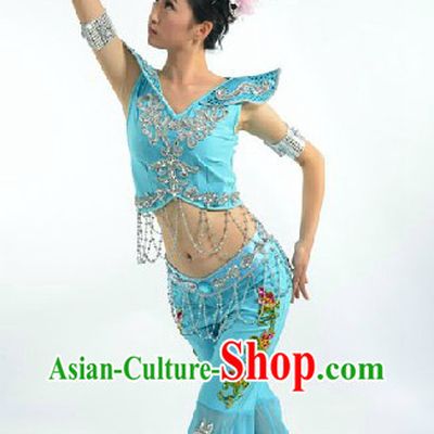 Blue Dunhuang Fei Tian Classic Dance Suit and Headdress Complete Set for Women