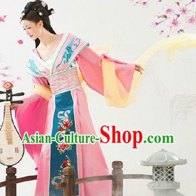 Ancient Chinese Pink Phoenix Clothing and Headwear Complete Set