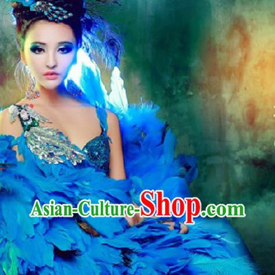 Blue Peacock Feather Dance Costumes and Headwear Complete Set