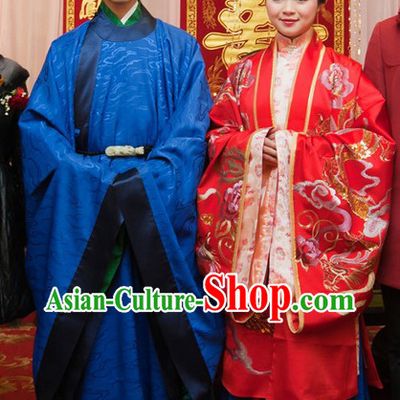 Chinese Traditional Wedding Hanfu Clothes and Headwear Complete Sets for Men and Women