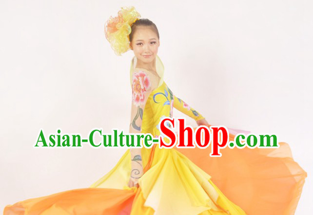 Chinese Classic Peony Dancing Costumes and Headdress Complete Set for Women