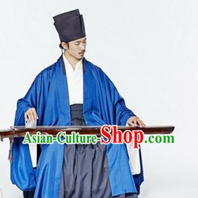 Ancient China Song Dynasty Male Blue Chinese Hanfu Clothing Complete Set for Men