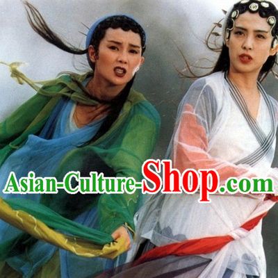 Green Snake Chinese Ancient Fairytale Bai Suzhen and Xiao Qing Costumes and Hair Accessories