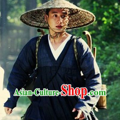 Bai She Legend Deep Blue Monk Robe and Bamboo Hat for Men