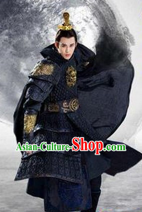 Ancient Chinese Black Knight Armor Outfit and Coronet for Men