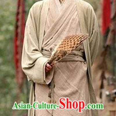 Ancient Chinese Wise Zhu Ge Liang Costume and Feather Fan for Men