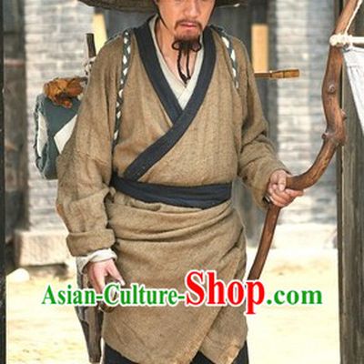 Ancient Chinese Doctor Costume and Bamboo Hat for Men