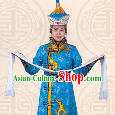 Traditional Chinese Blue Mongolian Clothing and Hat for Women