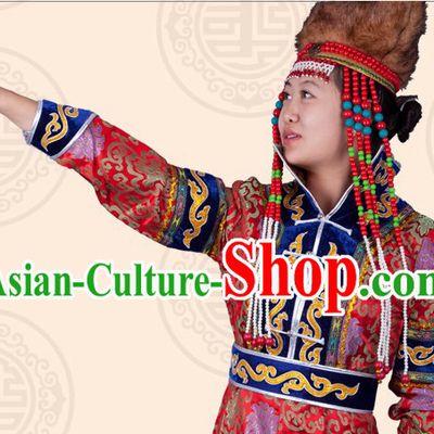 Traditional Chinese Ethnic Mongolian Long Robe and Hat for Women