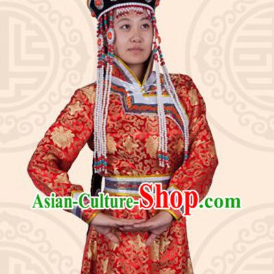 Traditional Chinese Red Ethnic Mongolian Long Robe for Women