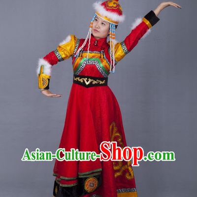 Traditional Chinese Ethnic Mongolian Wedding Dress and Hat Complete Set for Women