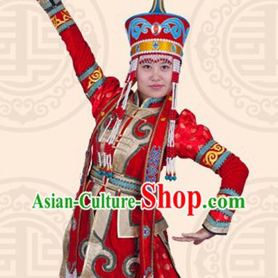 Traditional Chinese Mongolian Ordos Dresses and Hat Complete Set for Women