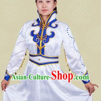 Traditional Chinese Mongolian White Stage Performance Dance Costume and Hat for Women