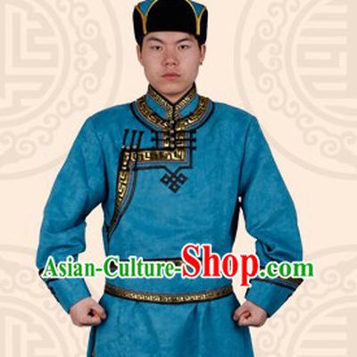 Traditional Chinese Mongolian Blue Robe and Hat Complete Set for Men